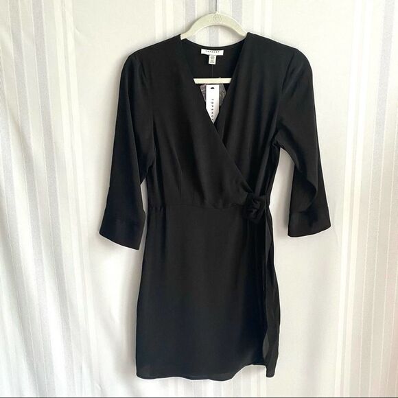 Topshop Dresses & Skirts - Topshop 3/4 Sleeve Belted Wrap Mini Dress Black Size 4 Small V-Neck Party